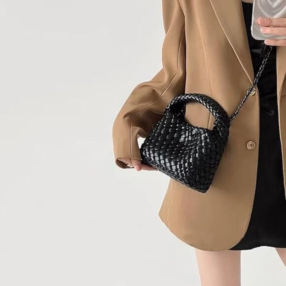 Neiman Marcus Handbags - Neiman Marcus Black Woven Tote Bucket Mini Handbag